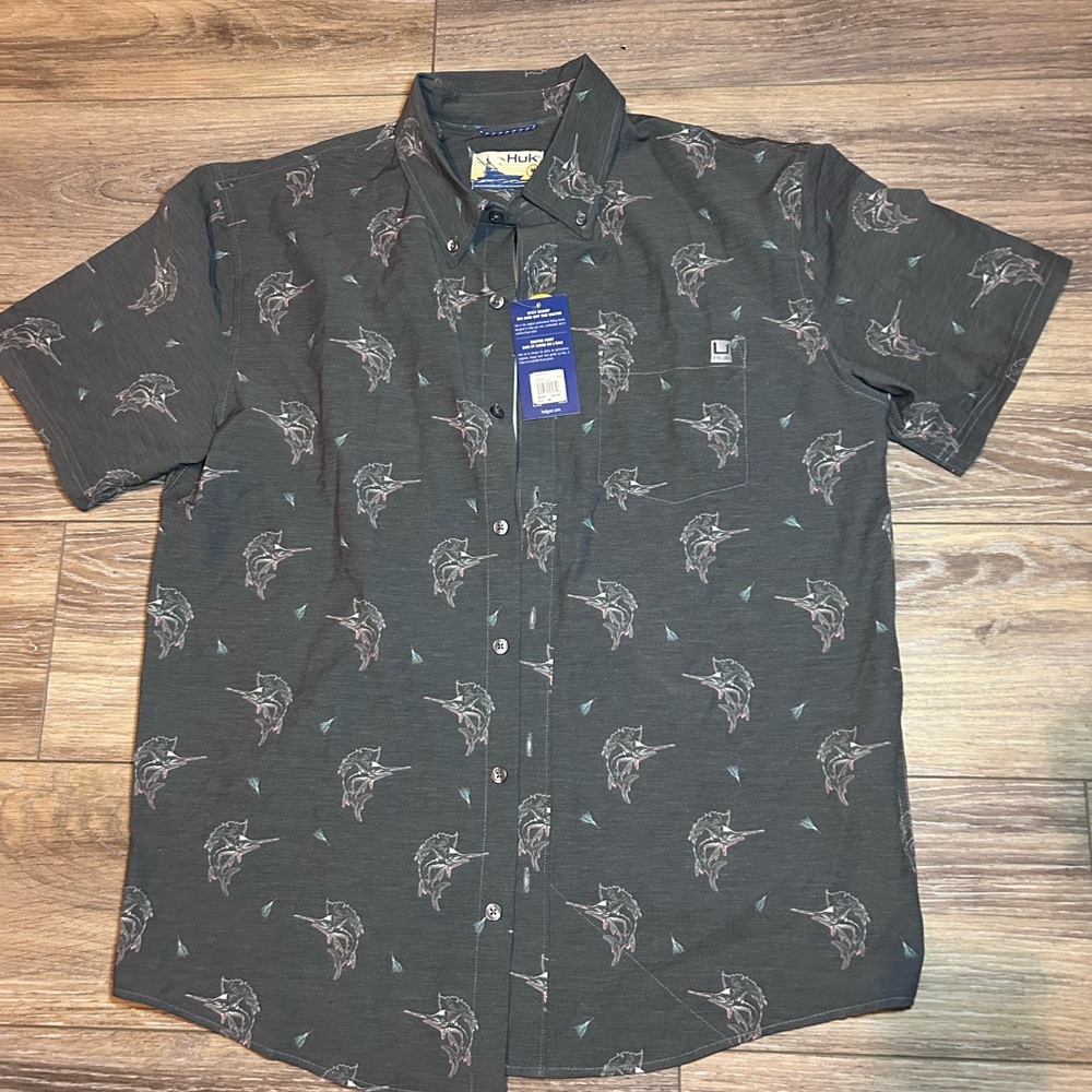 Huk Men's Dark Gray Patterned Button Down Shirt